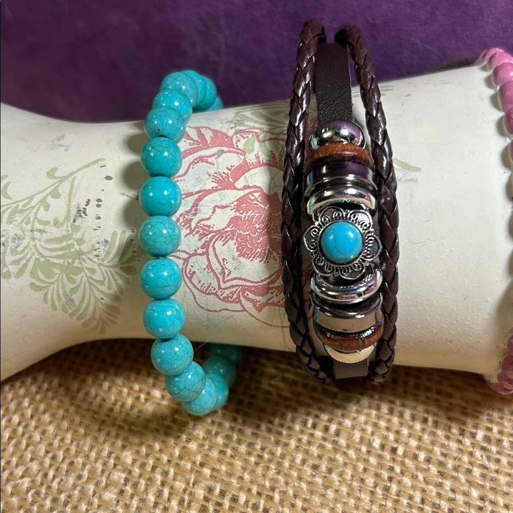 Turquoise Bead Bracelet and Braided Leather Bracelet with Design Work Bundle (C)